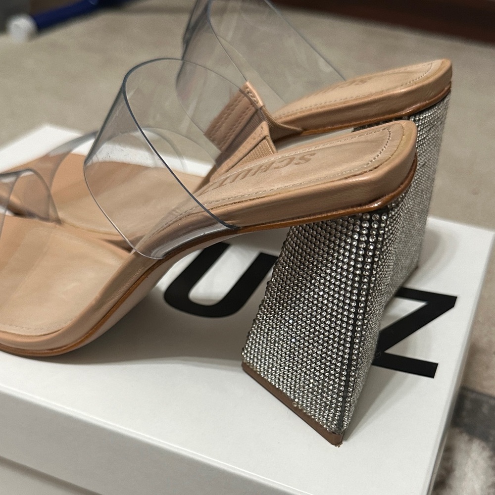 SCHUTZ Clear PVC Mule Sandals with Nude Insole and Silver Rhinestone Block Heel